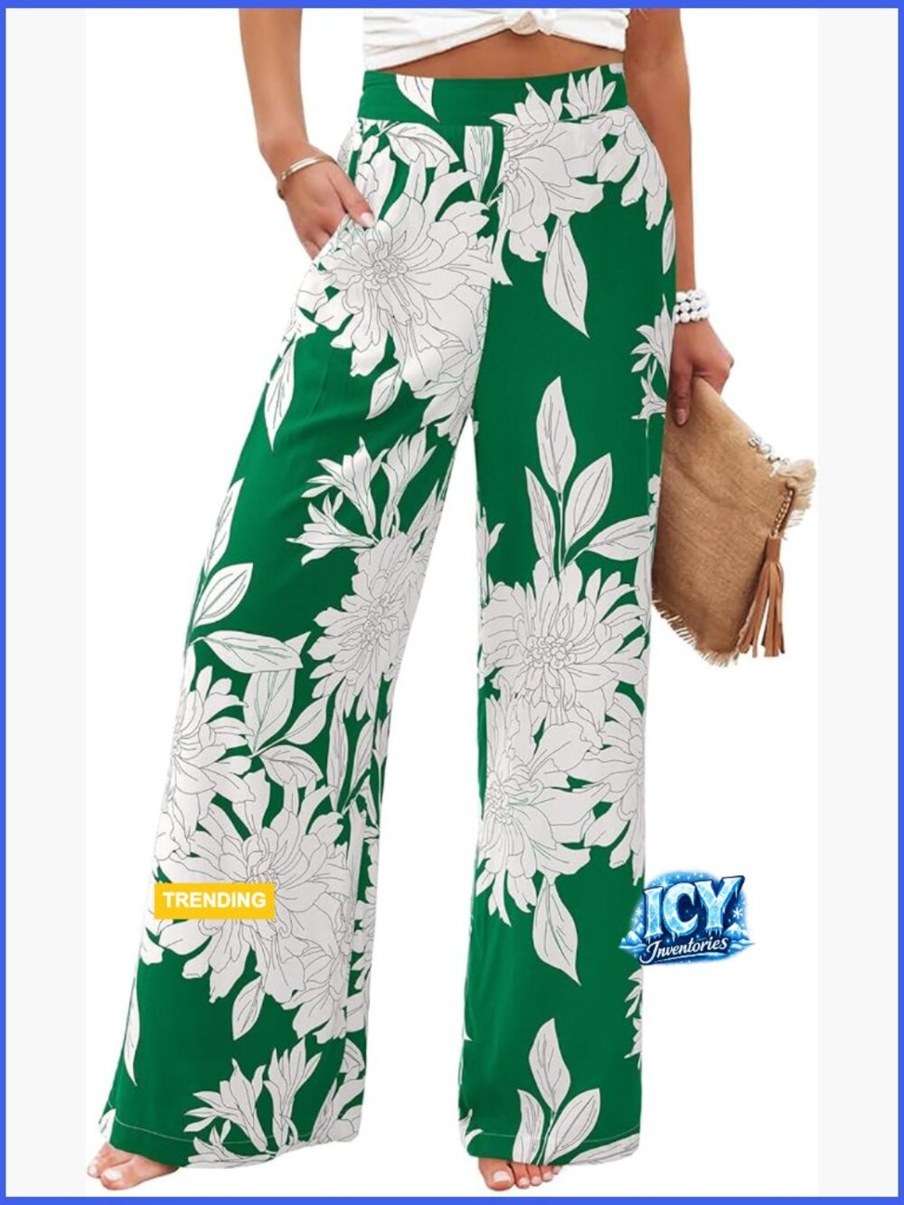 Boho Printed Elastic Waist Wide Leg Palazzo Pants with Pockets